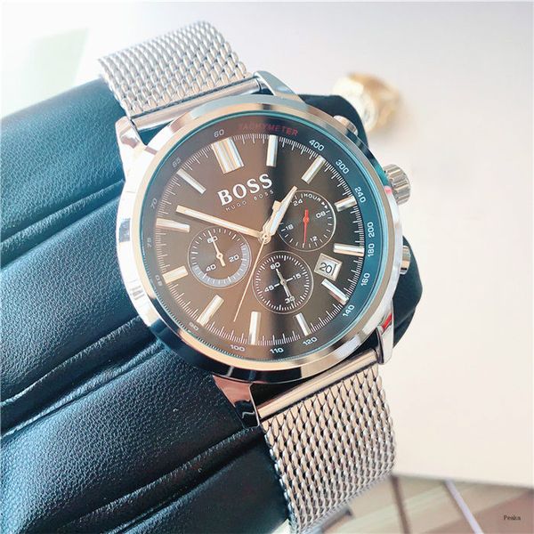 

full-featured six-hand multi-dial quartz men watch mesh steel strap mens classic watch fashion simple business watch full dial work, Slivery;brown