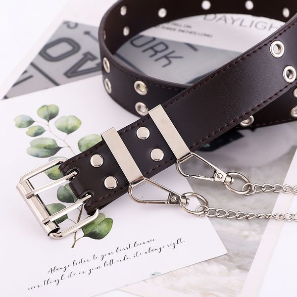 

olome vintage women punk chain belt black double single eyelet grommet leather buckle belt female ladies waist jeans belts, Black;brown
