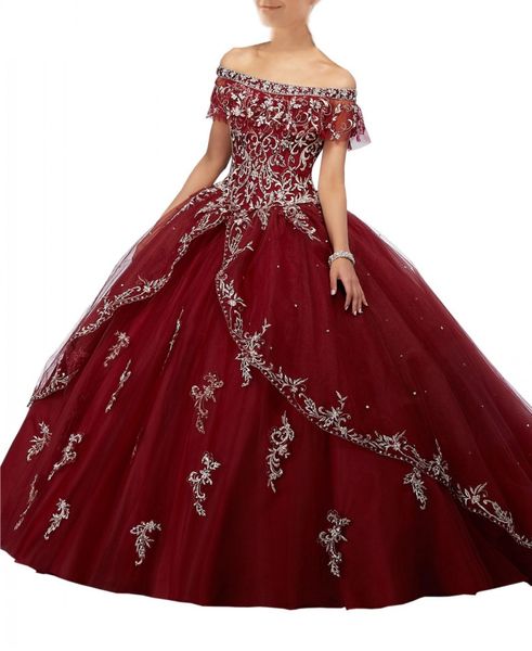 

2019 Burgundy Sweet 16 Quinceanera Dresses Long Cheap Ball Gown Prom Dress Girls Off shoulder Sliver Embroidery Vestidos 15 anos
