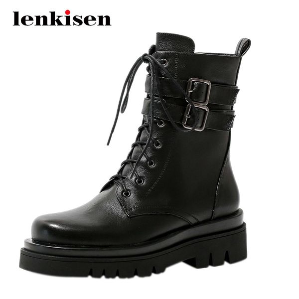 

lenkisen large size winter new boots real leather metal fastener platform round toe high heel zipper coolest mid-calf boots l7f6, Black