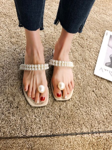 

slippers women wear stylish non-slip flip flops 2020 summer new fairy pearl pinch beach shoes net red sandals, Black