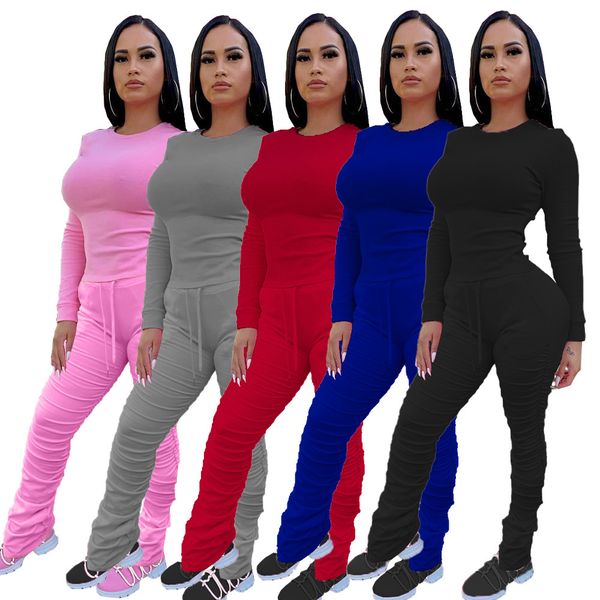 

designer women 2 piece set fashion solid color long sleeve t shirt pleated pant outfits ladies casual suits fall new, White