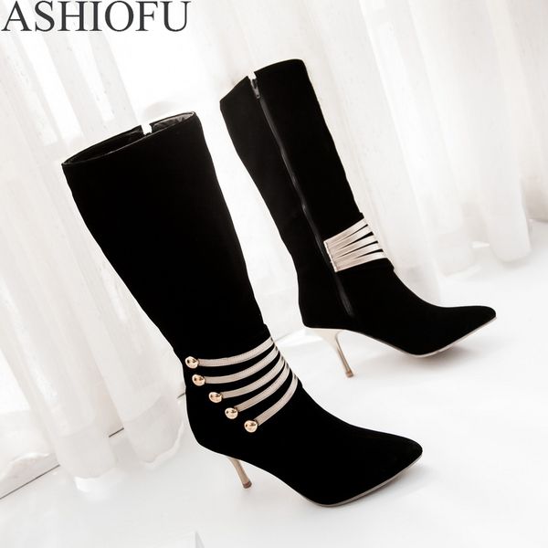 

ashiofu handmade new ladies knee high boots party prom winter mid-calf boots large size club fashion dress evening shoes, Black