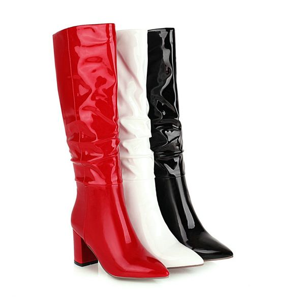 

boots arrival fashion women square high heels pointed toe ladies party wedding shoes winter solid color knee, Black