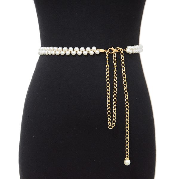 

2020 new fashion women white pearl decoration thin belt elegant ladies wild metal waist chain wrap dress bg-1547, Black;brown