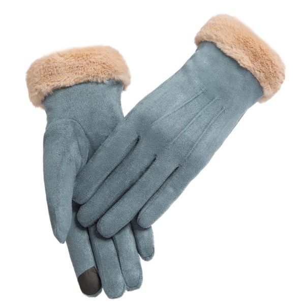 

five fingers gloves fashion women faux fur winter solid full finger hand mittens outdoor warm girls touch screen soft suede glove, Blue;gray