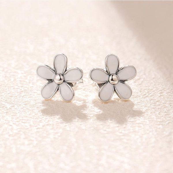 

new white enamel daisy stud earring original box set jewelry for pandora 925 sterling silver flowers earrings for women girls, Golden;silver