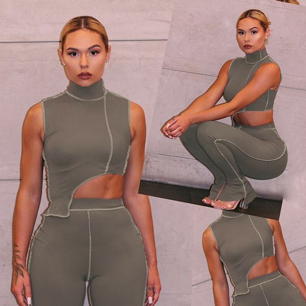 

whosale casual sporty active wear matching set women sleeveless workout bodycon 2 piece outfits skinny crop and pants sets, White