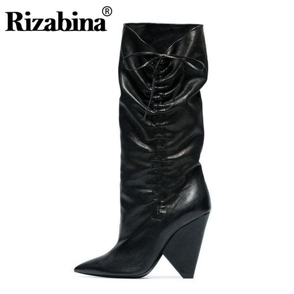 

rizabina knee high spike high heel boots for women pointed toe bowtie footwear winter slip on knight boots size 33-43, Black