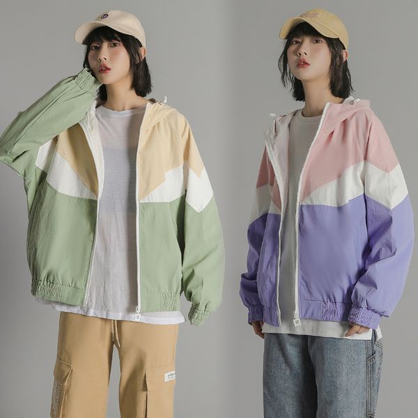 

2020 autumn hooded woman jacket contrast color windbreaker girls loose zipper bomber jackets plus size basic coat outerwear, Black;brown