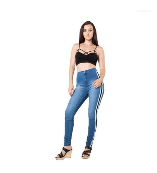 

stripe womens designer jeans sport streetwear bleached with zipper high waist blue womens jeans summer skinny side
