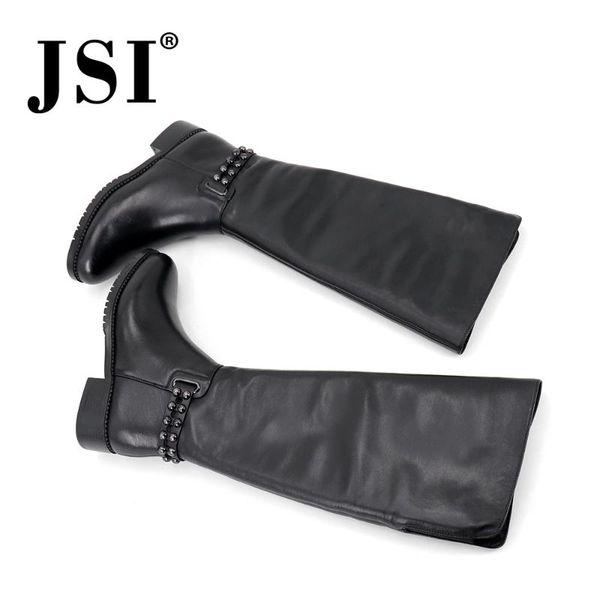 

boots jsi women fashion winter over knee flats pointed toe low heel genuine leather, Black