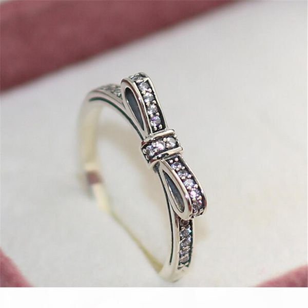 

100% 925 sterling silver sparkling bow ring with clear cz european style jewelry charm, Golden;silver