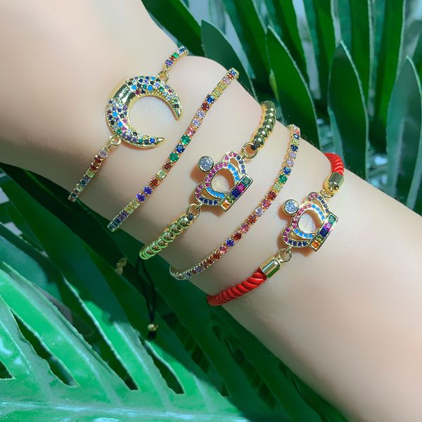 

crescent moon crown bracelet women cubic zirconia heart bracelet charm gold color bead rainbow jewelry pulseras mujer jewelry, Black