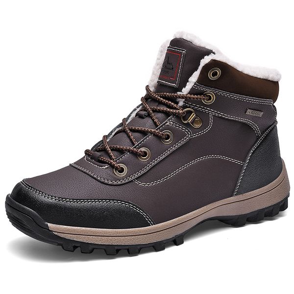 

leather men boots with fur 2020 new warm snow boots men winter work casual shoes sneakers high rubber ankle, Black
