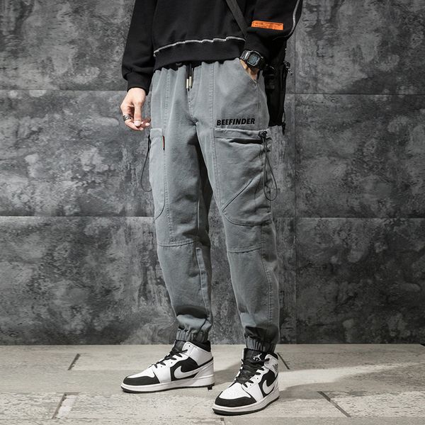 

men's jeans japanese style fashion men loose fit gray green big pocket cargo pants wide leg harem trousers hip hop joggers, Blue