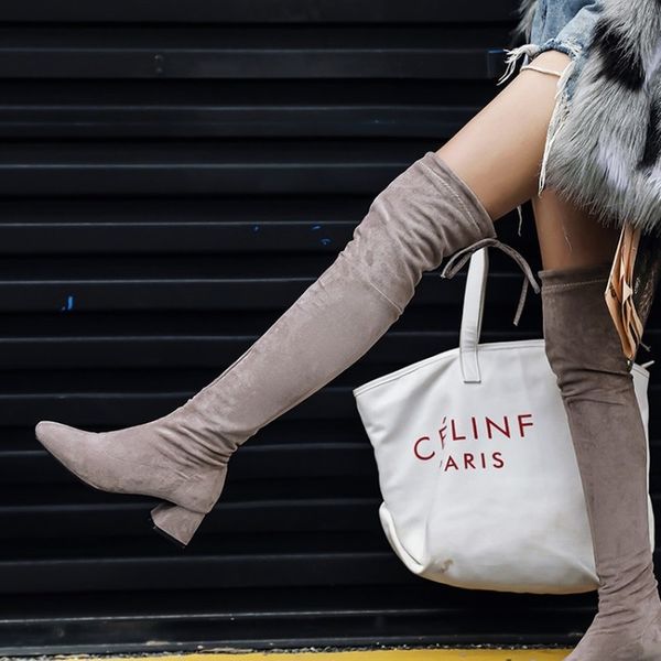 

stretch fabric women over the knee high boots fashion square toe autumn winter shoes elegant all match women boots size 31-52, Black