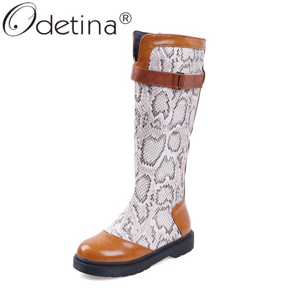 

odetina elegant women round toe low heel riding boots side zipper buckle strap platform knee high boots patchwork plus size 43, Black
