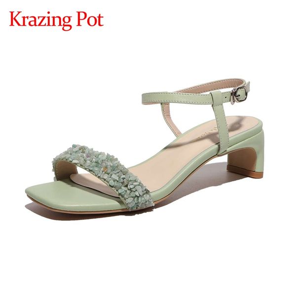

krazing pot genuine leather colorful stone all-match fashion square toe high heels summer sandals buckle strap women shoes l38, Black
