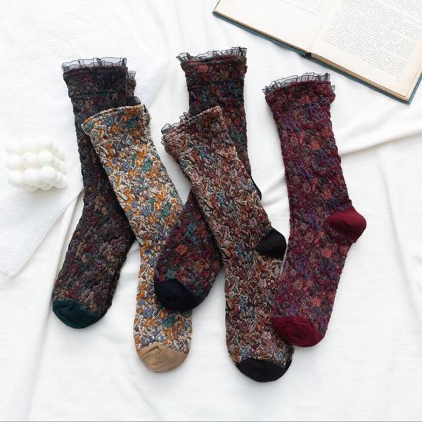

socks vintage style floral socks carsees lace stockings fashion outdoor cotton breathable sport socks womens designer female hosiery lsk1414, Pink;yellow