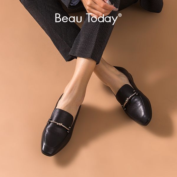 

beautoday moccasin loafers women cow leather round toe slip-on metal decoration ladies flats handmade shoes 27235, Black