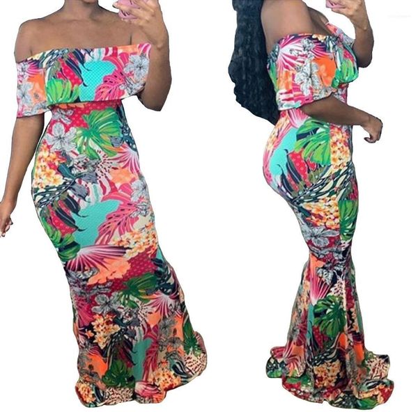 

floral mermaid dress women party dress women slash neck maxi dresses fashion slim off shoulder, Black;gray