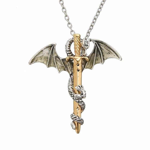 

ch-873 vintage glow in the dark sword pendant necklace for mens punk luminous dragon long chain necklace women hip hop jewelry, Silver