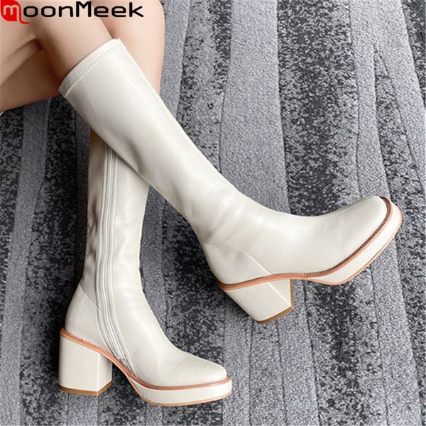

moonmeek 2020 new knee high boots thick heels square toe winter ladies shoes winter black rice white color women boots