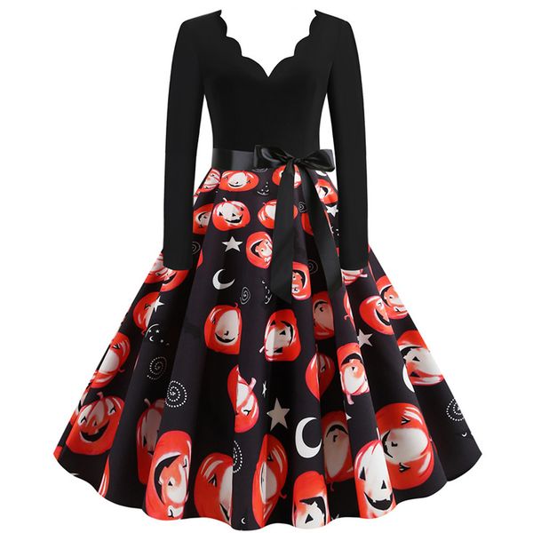 

casual dresses 3xl plus size pumpkin print retro halloween dress women v-neck long sleeve vintage pinup party a line autumn 2021, Black;gray