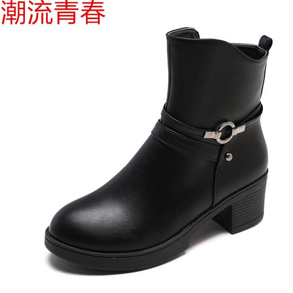 

fashion winter mid-barrel round toe mid-heel snow boots thick bottom women's boots warm thick zapatos de mujer, Black