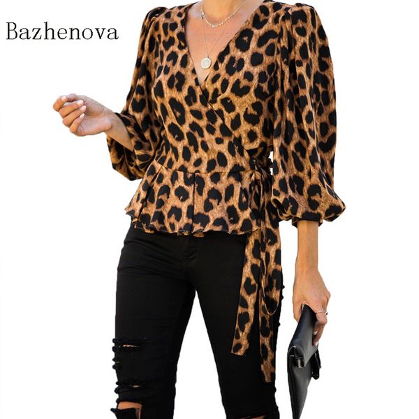 

bahzenova occident office lady blouse leopard print v-neck lantern sleeve shirts women fall clothes with sashes t1679, White