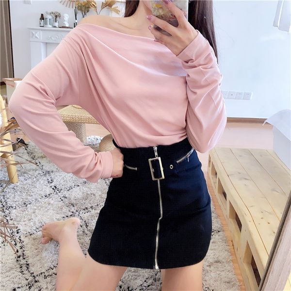 

women dresses set 2020 new style slim-fit cross-shoulder undershirt t-shirt high waist design zipper slimming a- line skirt women, White