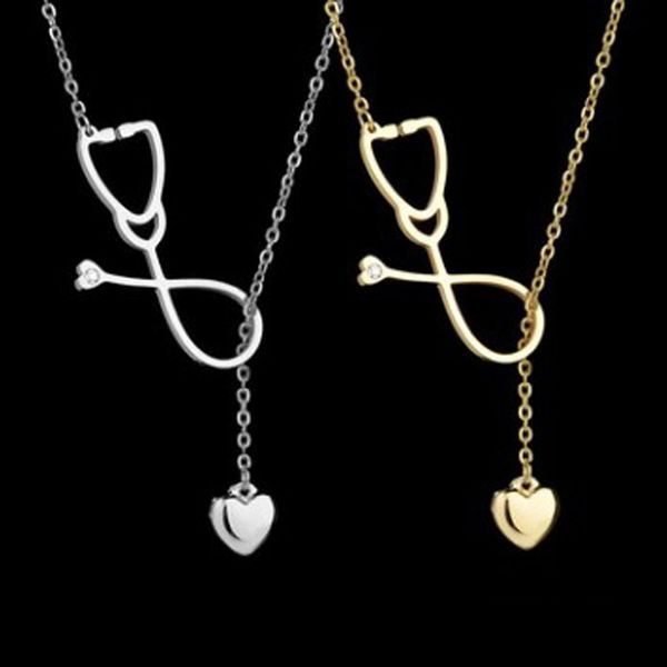 

stainless steel stethoscope necklace new fashion medical jewelry alloy i love you heart pendant necklace for women, Silver