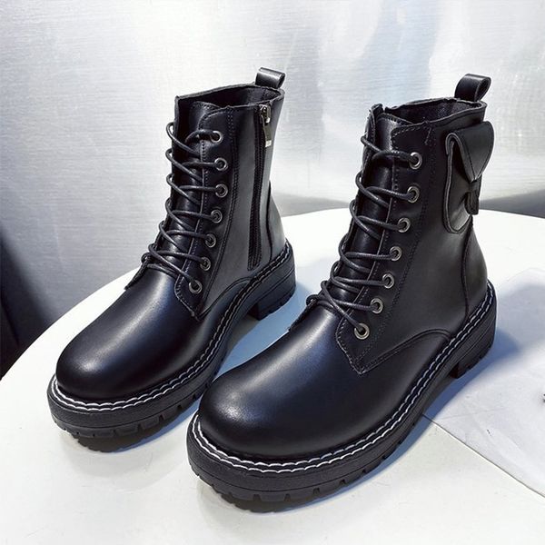

women boots med heel pu leather sewing zipper ankle women's shoes ladies non-slip boots female platform solid new 2020 hot, Black