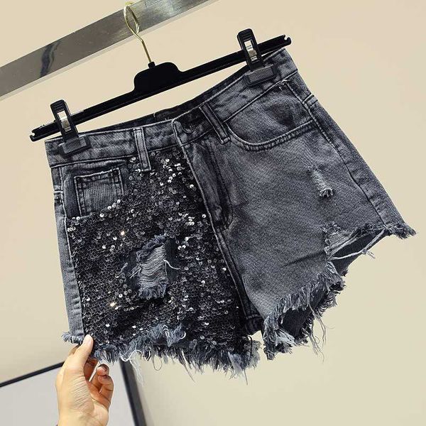 

patchwork sequins denim shorts for women new summer fashion all-match wide leg shorts hole students hot, Blue