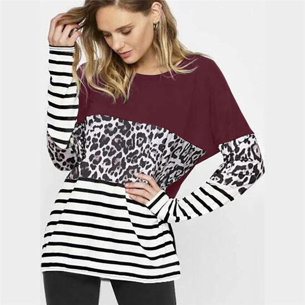 

leopard printed womens tshirts autumn panelled ladies loose tees designer womens pullover, White