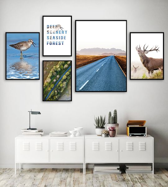 

elk animal canvas poster nordic style print deer high way sea birds nature print painting modern wall picture for living room