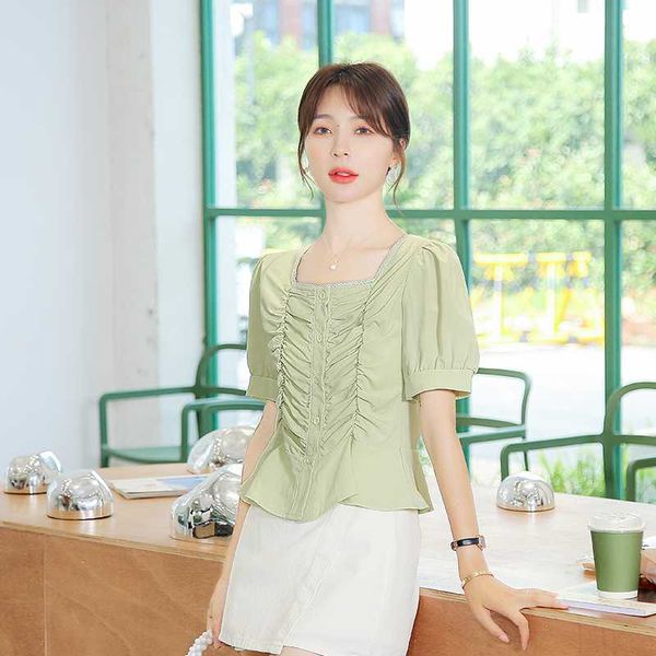 

women's blouses & shirts lace stitching blouse women 2021 summer and autumn style puff sleeves waist irregular shirt korean young fashi, White