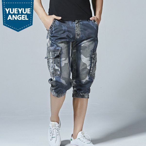 

fashion mens camouflage denim shorts new multi-pockets style jogger short jeans large size casual short pants male, Blue