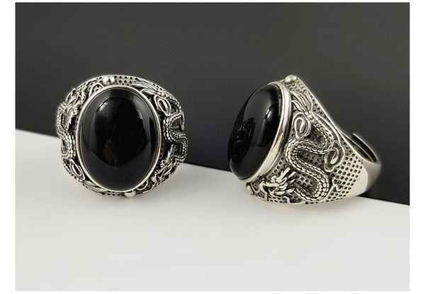 

925 silver colour black onyx stone ring for men female engraved dragon men fashion sterling thai silver colour jewelry