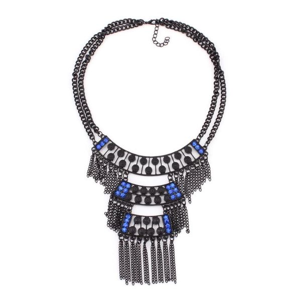 

fashionable new design black tassel chain necklace bib chunky statement pendant blue crystal necklace for girls jewelry, Silver