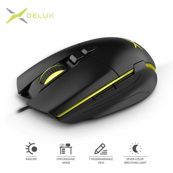 

delux m522 wired mouse ergonomic gaming mouse office dual modes 6400 dpi 7 programmable buttons mice with backlight for gamer