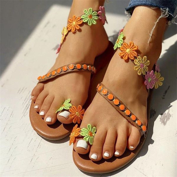 

women flat sandals colored flower flip flops slippers bohemia sandals plus size, Black