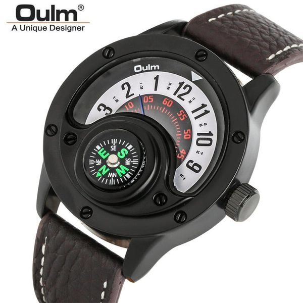 

oulm brand creative watch dial men genuine leather wrist watches quartz movement sport fashion compass design casual mens watch, Slivery;brown