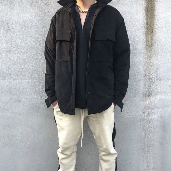 

long sleeve faux-suede jacket autumn cargo overshirt men streetwear, Black;brown