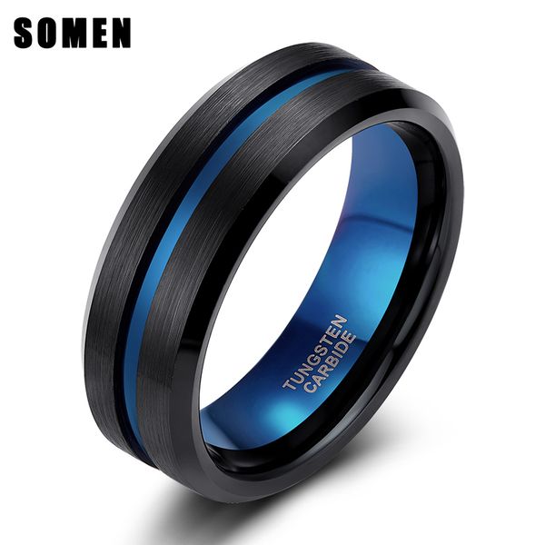 

somen ring men 8mm black tungsten ring blue line with blue inner classic engagement wedding fashion men jewelry bague homme, Golden;silver