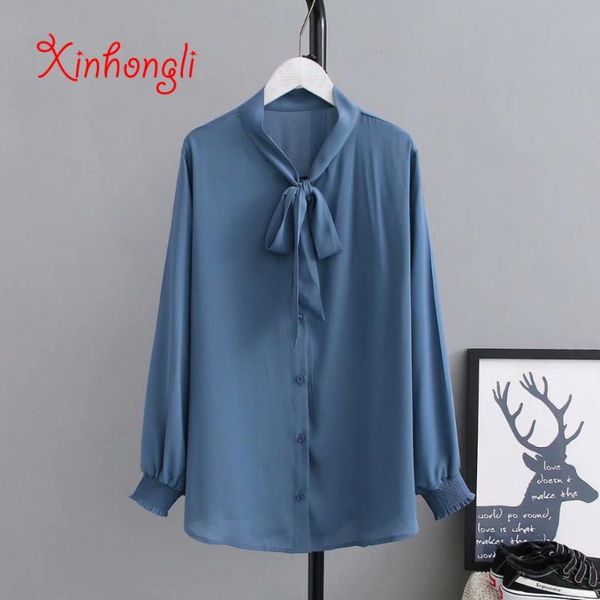 

plus size bow stand collar chiffon women blouse 2020 spring new casual ladies long lantern sleeve loose shirts female, White