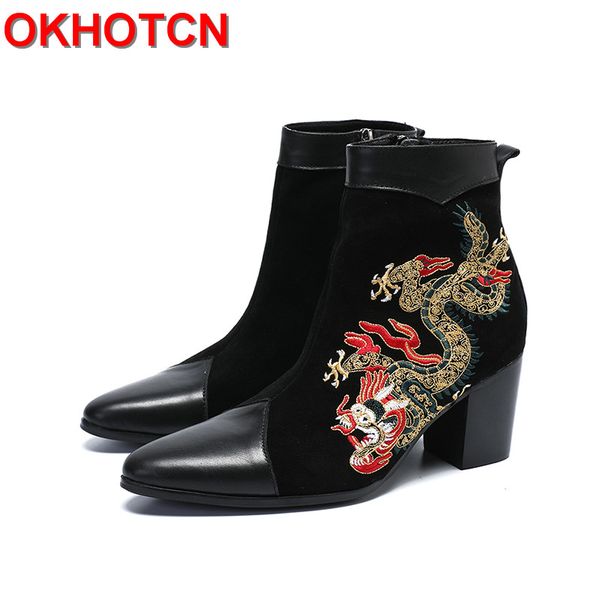 

boots high heels men 8cm embroider dragon pointed toe leather fashion patchwork ankle cow suede big size 38-47, Black