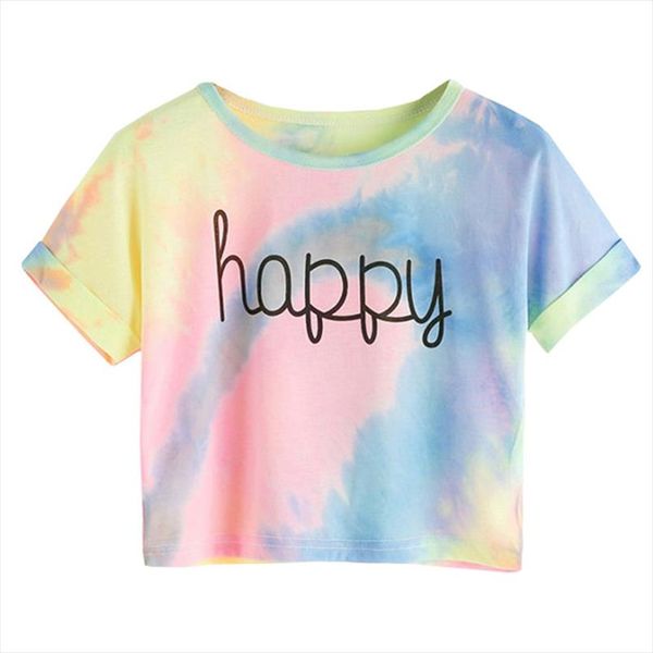 

women shirt happy letter printed tie dye print knot front casual girls t shirts children 2020 summer cap sleeve kids casual tees, White