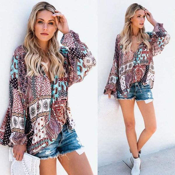 

women's blouses & shirts autumn shirt women fashion streetwear casual print drawstring deep v-neck long sleeve clothes vetement fe, White